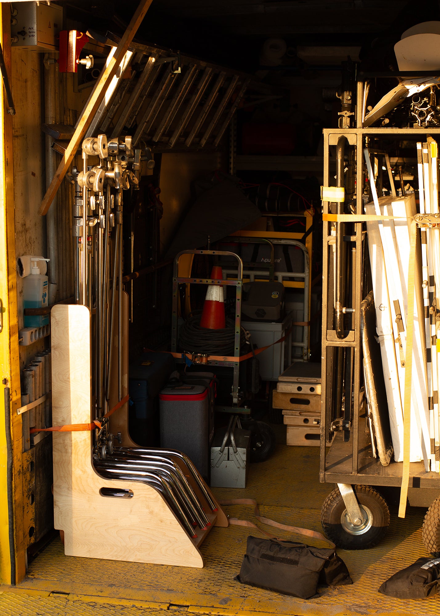 Plywood grip truck storage rack for C-Stands